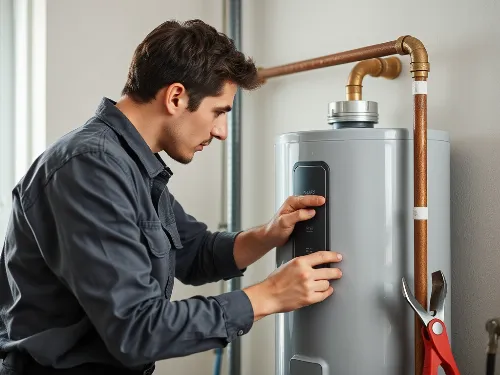 Plumber checking a water heater during routine maintenance